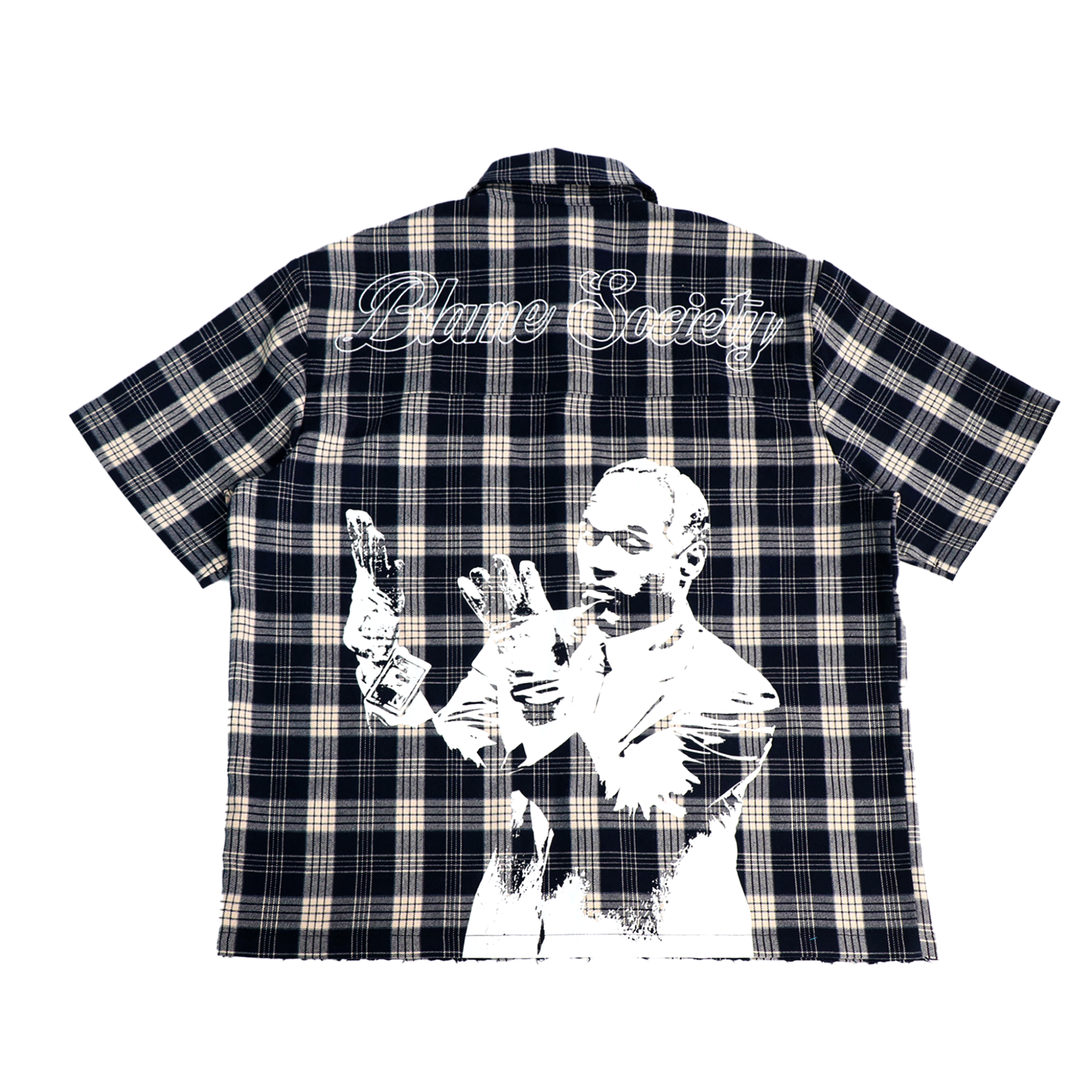 Plaid shirt with graphic design and text on a white background