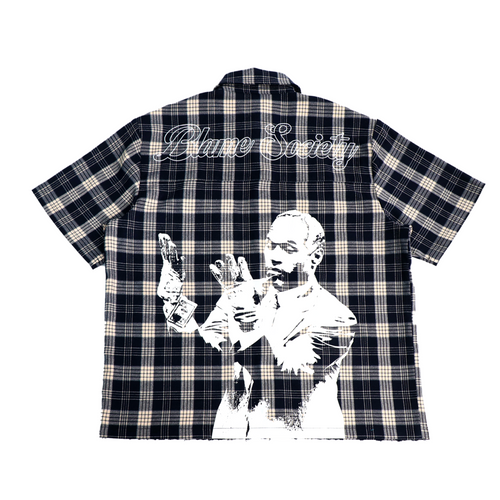 Plaid shirt with graphic design and text on a white background