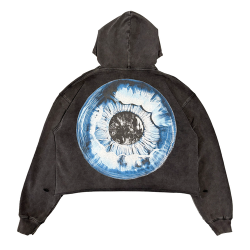 Black hoodie with a blue and white circular design on the back against a white background